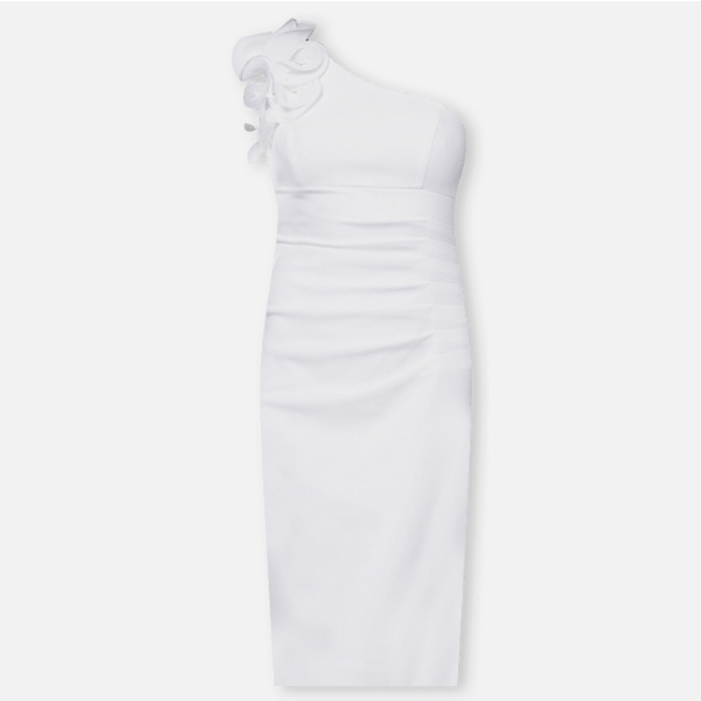 NEW XSCAPE White RUCHED Ruffled ONE SHOULDER Bridal SHEATH Midi DRESS 14 - Picture 8 of 11